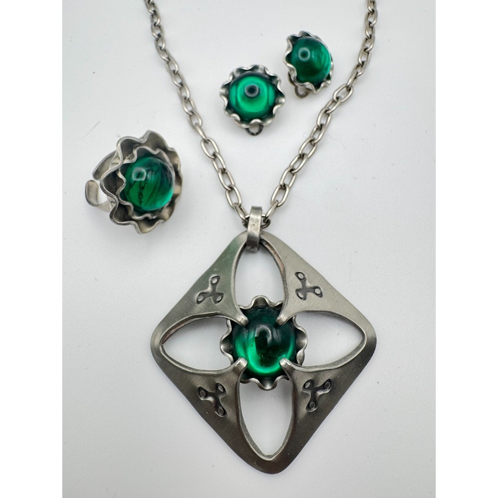 Vintage Denmark Necklace Earring Ring Set Brutalist Signed Bent Larsen